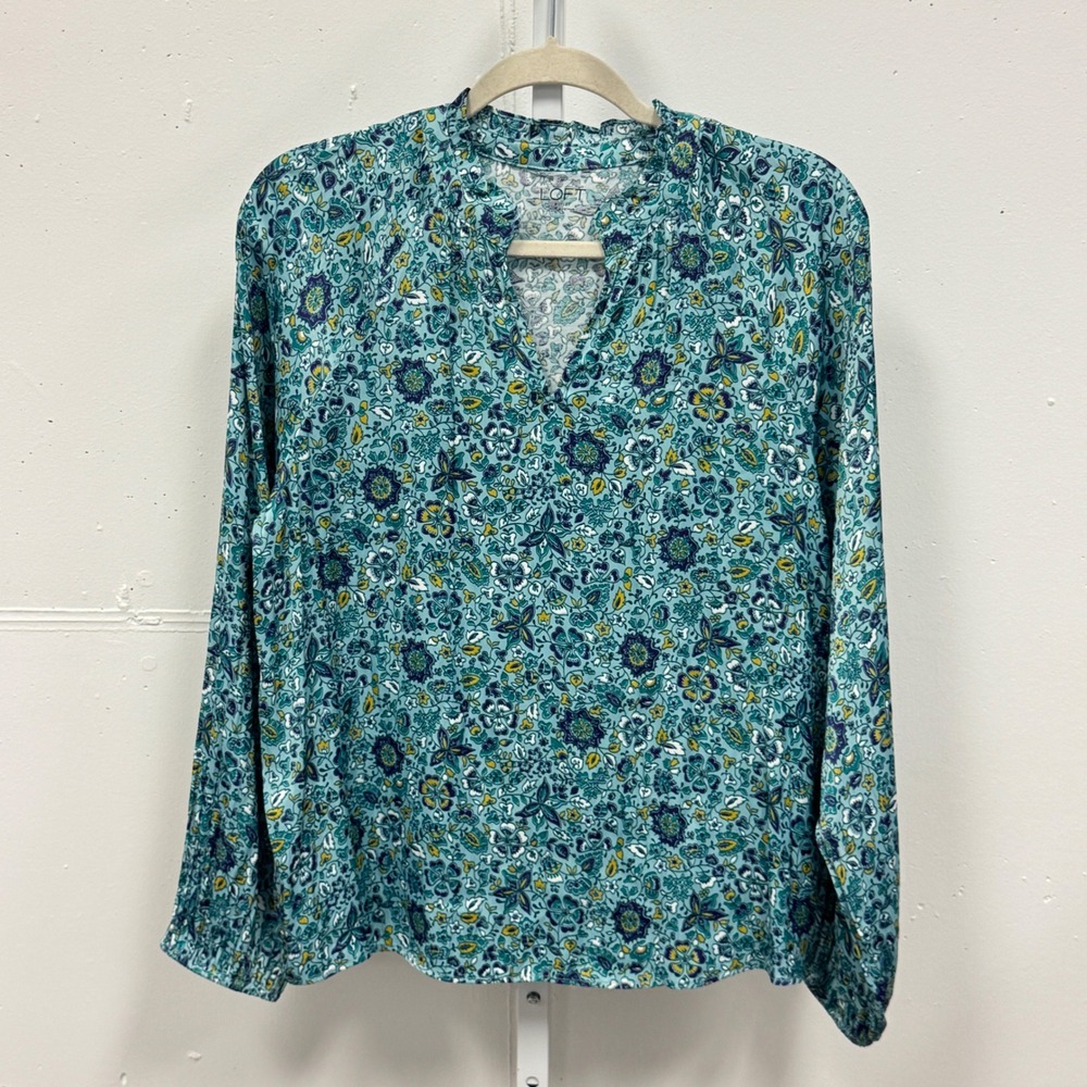 Loft Outlet Teal Floral Paisley Mixed Media Split Neck Ruffle Blouse Top Medium